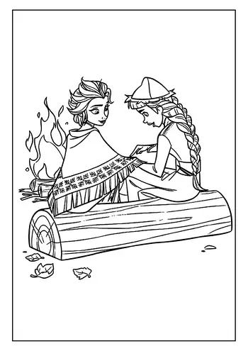 A Cozy Elsa And Anna Coloring Page Showing The Two Sisters Sitting Together On A Log By A Warm Campfire.