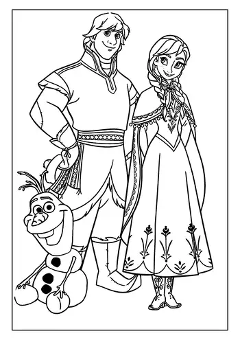 A Group Frozen Coloring Page Of Anna, Kristoff, And Their Friend Olaf Standing Together And Smiling Wide.