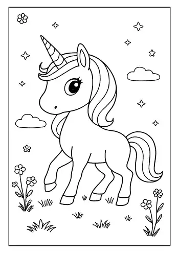 A Magical Unicorn Coloring Page. This Cute Baby Unicorn Has A Long Mane And Stands In A Meadow.