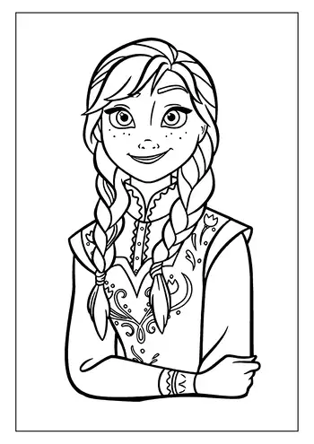 A Detailed Frozen Coloring Page Showing A Close-up Portrait Of Princess Anna, Who Is Smiling Happily.
