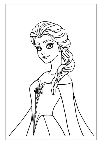 An Elsa Coloring Page With A Simple Portrait Of The Snow Queen, Her Hair In A Long Braid, Smiling Warmly.