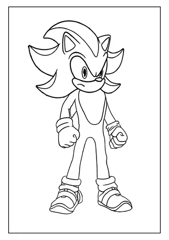 A determined Shadow the Hedgehog posing for a coloring page.