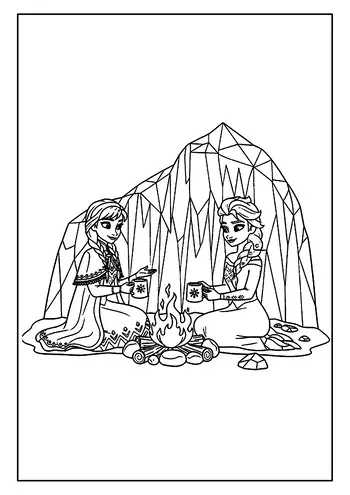 This Elsa Coloring Page Shows Anna And Elsa Relaxing, Drinking Hot Cocoa Together In Front Of A Campfire.