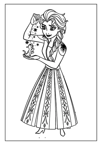 An Enchanting Elsa Coloring Page With The Snow Queen Gently Holding Bruni The Salamander In Her Hand.