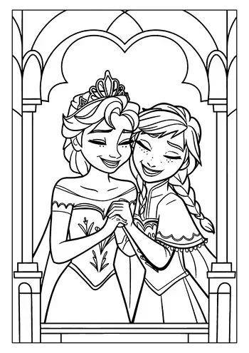 Elsa Coloring Page Of The Two Sisters, Elsa And Anna, Holding Hands And Smiling Warmly At Each Other.