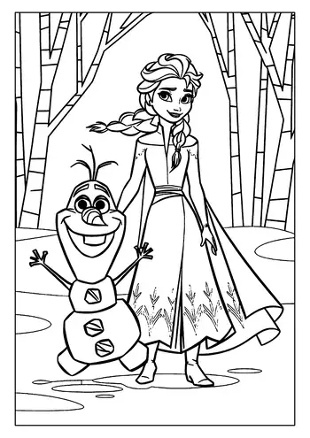 A Magical Elsa Coloring Page With A Very Smiling Queen Elsa And A Happy Olaf Walking In A Forest Scene.