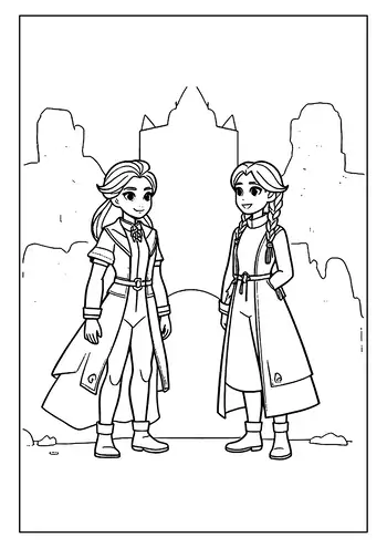 An Adventurous Elsa Coloring Page With Elsa And Anna Standing Together In Front Of A Large Ice Castle.