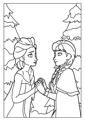 A Emotional Elsa Coloring Page Of Elsa And Anna Holding Hands, Sharing A Sincere Moment In The Forest.