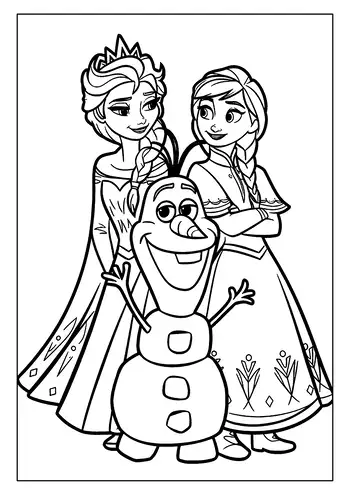 An Elsa Coloring Page Featuring The Three Main Characters: Queen Elsa, Anna, And Olaf Posing Together.