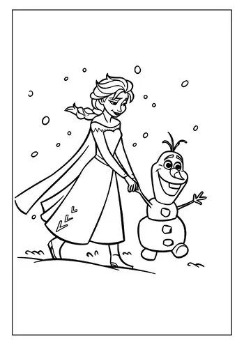 A Magical Elsa Coloring Page With Elsa Happily Walking In The Snow And Holding Hands With Her Friend Olaf.