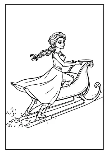 A Playful Elsa Coloring Page Of Queen Elsa Gliding Gracefully On A Magical, Swirling Ice And Snow Sleigh.
