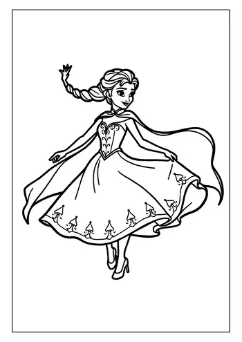 Elsa Coloring Page Showing Her Dancing Gracefully In Her Magical Dress, With Her Long Cape Flowing Far.
