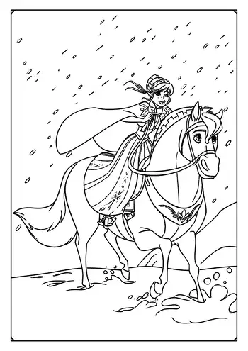 An Action-packed Elsa Coloring Page Of The Snow Queen Riding A Magical Horse Through The Snowy Weather.