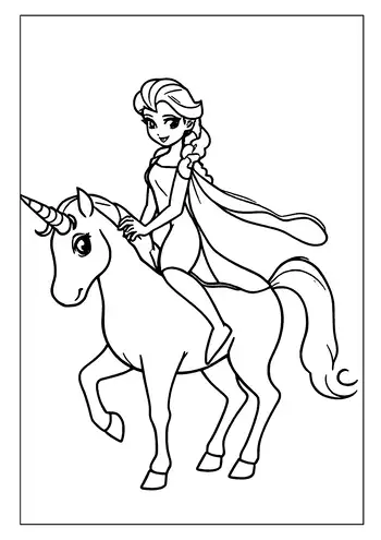 An Enchanting And Magical Elsa Coloring Page Showing The Snow Queen Riding On A Majestic, Magical Unicorn.