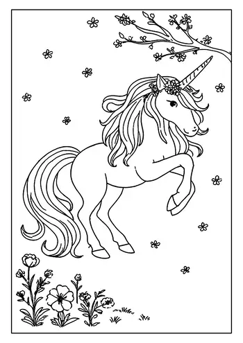 A Unicorn Coloring Page. This Unicorn Wears A Floral Wreath On Its Head And Leaps Under A Branch.