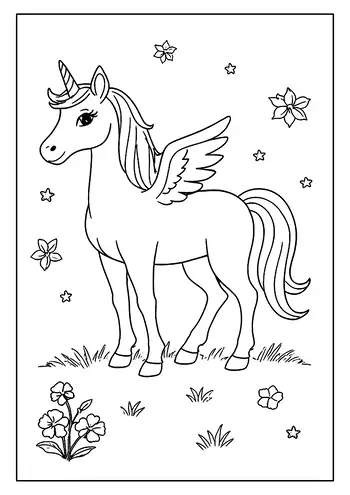A Pegasus Unicorn Coloring Page. This Flying Unicorn Has Majestic Wings, A Flowing Mane, And Stars.