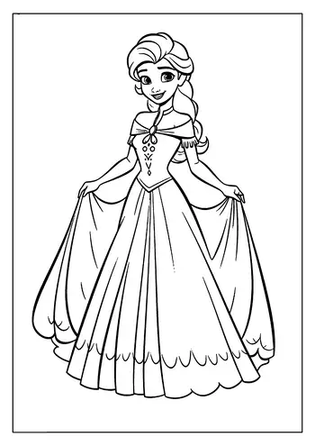 A Graceful Elsa Coloring Page With Queen Elsa Showing Off Her Long, Beautiful, And Flowing Ice Gown.