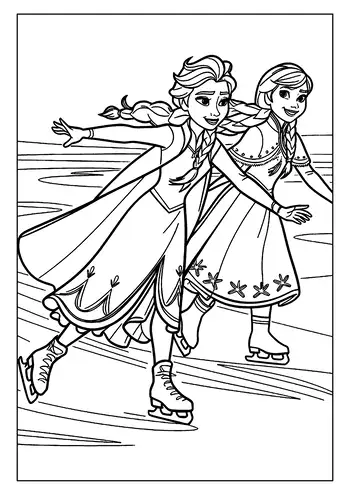 An Action-packed Elsa Coloring Page With Elsa And Anna Ice Skating Joyfully Together On A Frozen Lake.