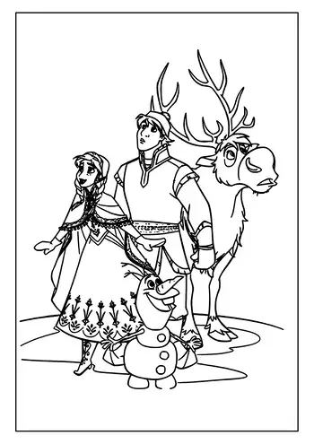 This Frozen Coloring Page Features The Whole Gang: Princess Anna, Kristoff, Olaf The Snowman, And Sven.