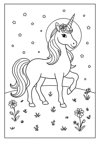 Magical Unicorn Coloring Page. A Cute Unicorn Stands In A Field Of Flowers And Sparkling Stars.