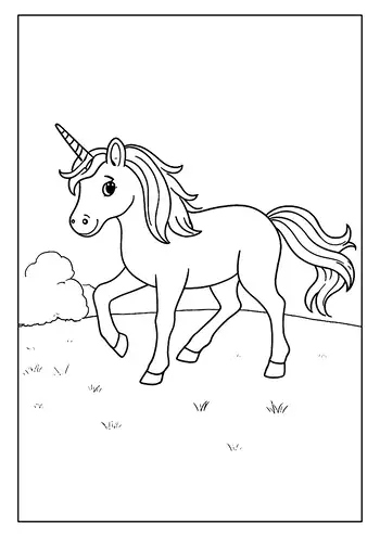 A Magical Unicorn Coloring Page With A Long, Flowing Mane, Prancing In A Meadow With A Hedge.