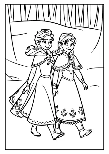 A Magical Elsa Coloring Page Of The Sisters, Elsa And Anna, Walking Hand-in-hand Through A Big Forest.