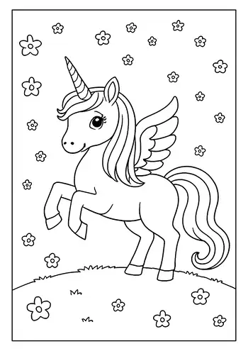 A Pegasus Unicorn Coloring Page. This Winged Unicorn Prances On A Grassy Hill Surrounded By Stars.