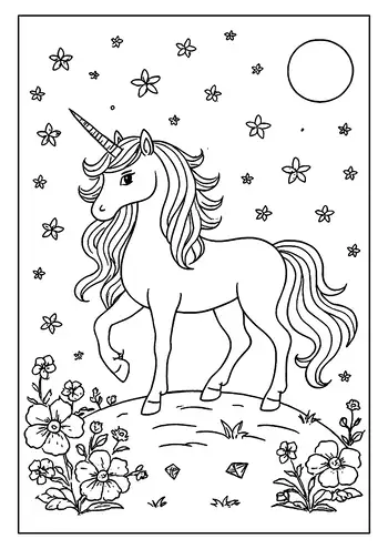 Magical Unicorn Coloring Page With A Long Mane, Standing On A Hill Surrounded By Flowers And Gems.