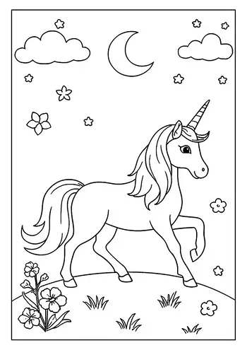 A Magical Unicorn Coloring Page. The Scene Shows A Unicorn In A Field Under A Crescent Moon And Stars.