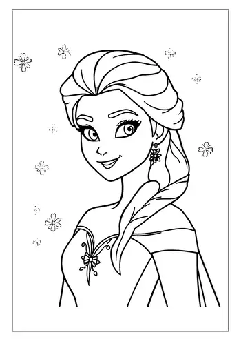 A Magical Elsa Coloring Page Showing The Snow Queen Smiling Happily Amongst Many Floating Flower Shapes.