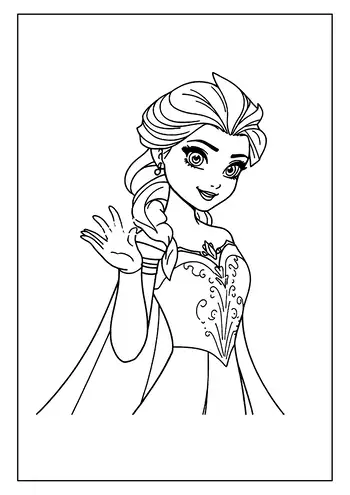 An Elegant Elsa Coloring Page Featuring A Friendly, Smiling Portrait Of The Snow Queen Waving Her Hand.