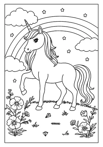 A Magical Unicorn Coloring Page. The Unicorn Stands In A Field Of Flowers Under A Bright Rainbow.