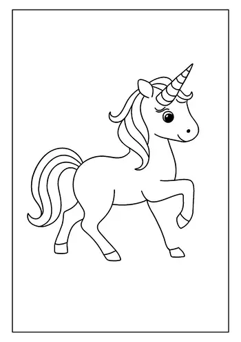 A Unicorn Coloring Page Showing A Simple And Cute Unicorn With A Spiral Horn, Prancing In Place.