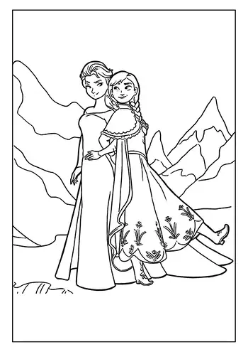 An Adorable Elsa Coloring Page Featuring The Two Sisters, Elsa And Anna, Embracing In The Snowy Mountains.