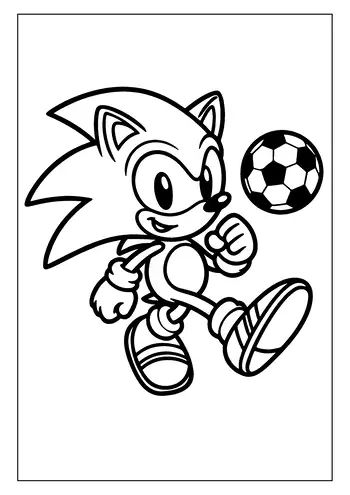 Sonic the Hedgehog playing soccer, smiling happily.