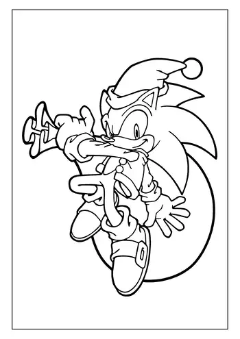 Sonic the Hedgehog wearing a Santa hat and playing a trumpet.