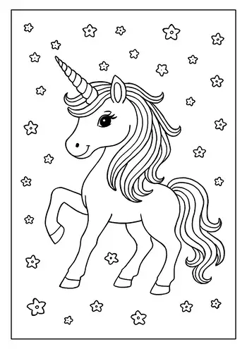 A Magical Unicorn Coloring Page With A Long, Flowing Mane And Tail, Prancing Among Many Stars.