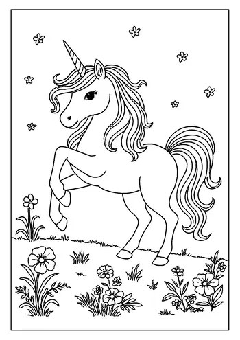 A Magical Unicorn Coloring Page. It Has A Long, Flowing Mane And Prances In A Meadow Of Flowers.