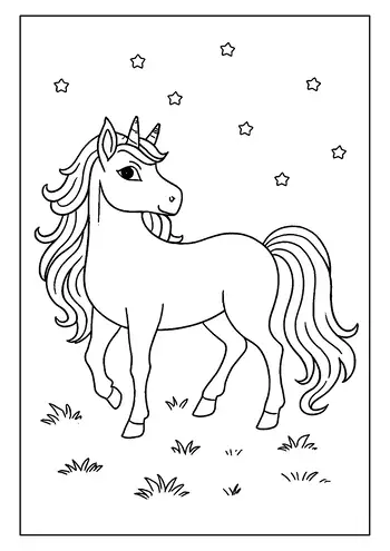 A Magical Unicorn Coloring Page. This Simple Outline Has A Long Mane And Stands In A Meadow Of Stars.