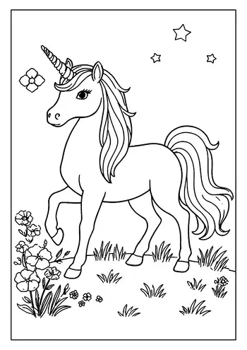 A Graceful Unicorn Coloring Page With A Detailed Spiraled Horn, Standing Among Flowers And Stars.