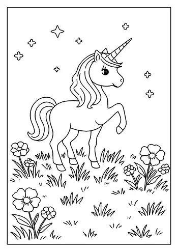 A Magical Unicorn Coloring Page. This Unicorn Has A Long Mane And Prances In A Field Of Flowers.